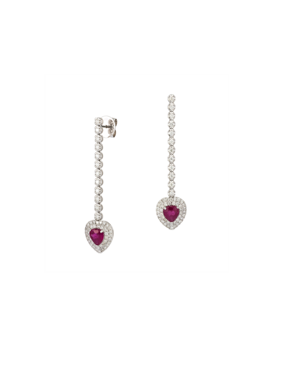 2.22ct Diamond Ruby 18K Gold Heart Dangle Drop Earrings