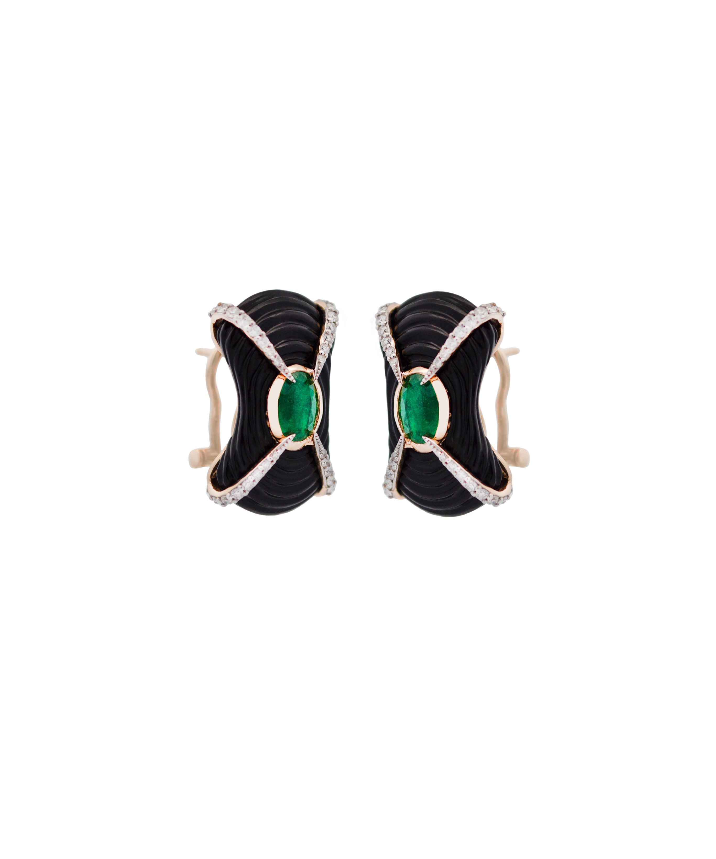 20.80ct Diamond Emerald Onyx 18K Gold Sculptural Earrings