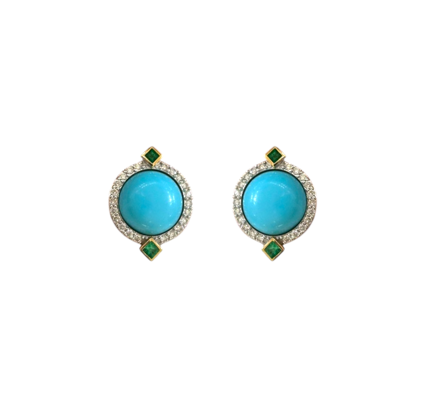 7.49ct Arizona Turquoise Emerald Diamond 18K Gold Stud Earrings