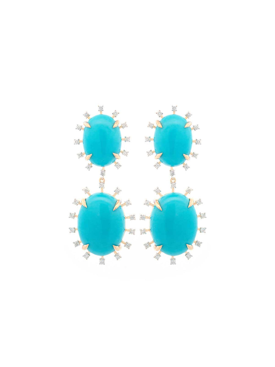 44ct Diamond Arizona Turquoise 18K Gold Sunburst Dangle Drop Earrings