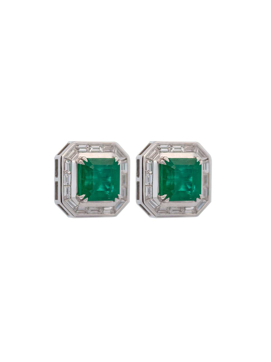 10.02ct Emerald Diamond 18K Gold Halo Earrings