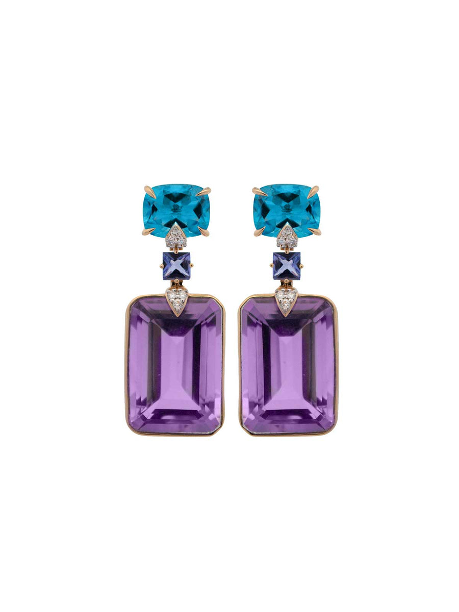 36.855cts Pink Amethyst Tanzanite Diamond 18K Gold Earring