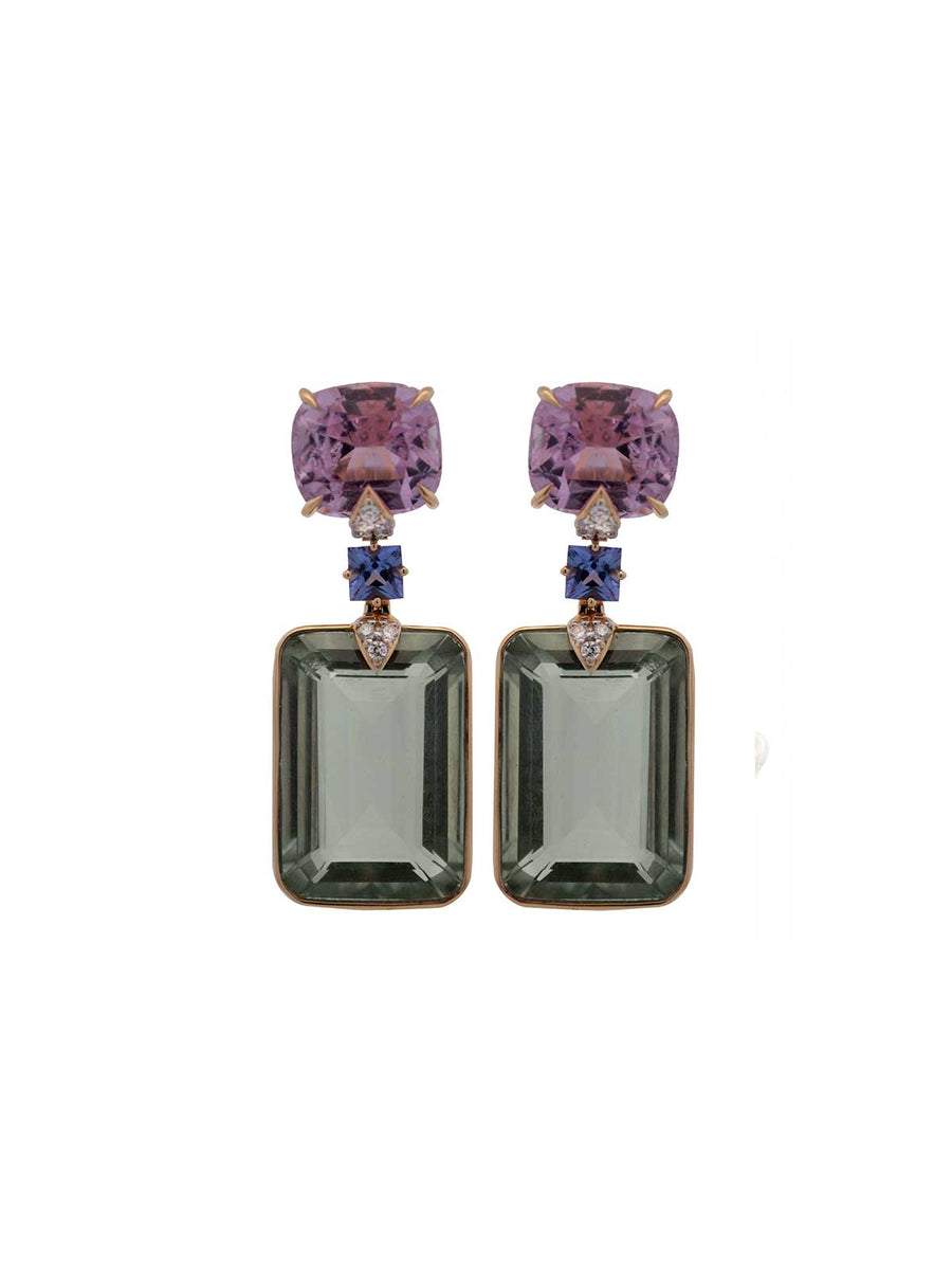 47.982cts Amethyst, Kunzite, Tanzanite and Diamond 18K Gold Earring