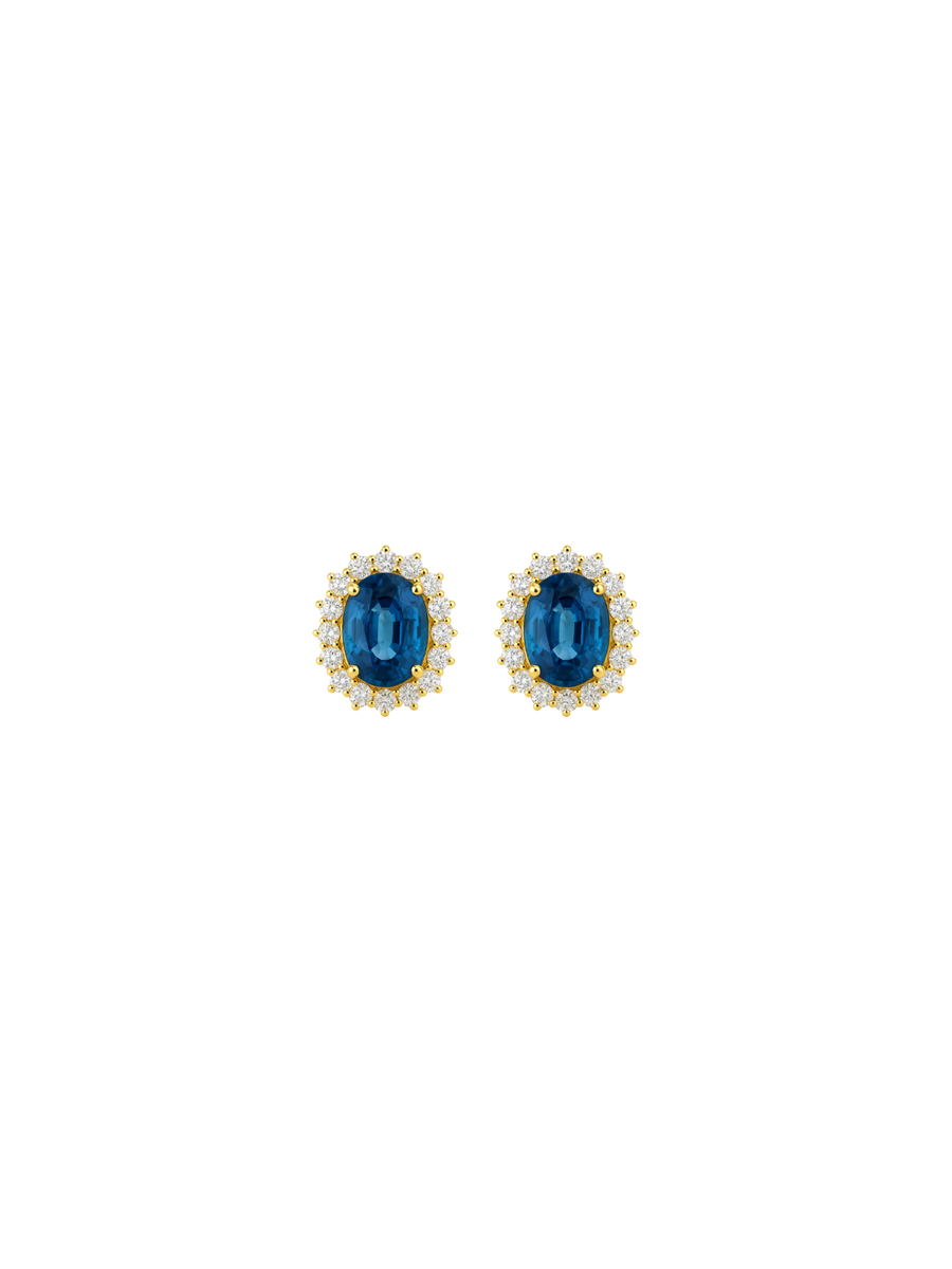 3.20ct Diamond Blue Sapphire 18K Gold Sunburst Halo Stud Earrings