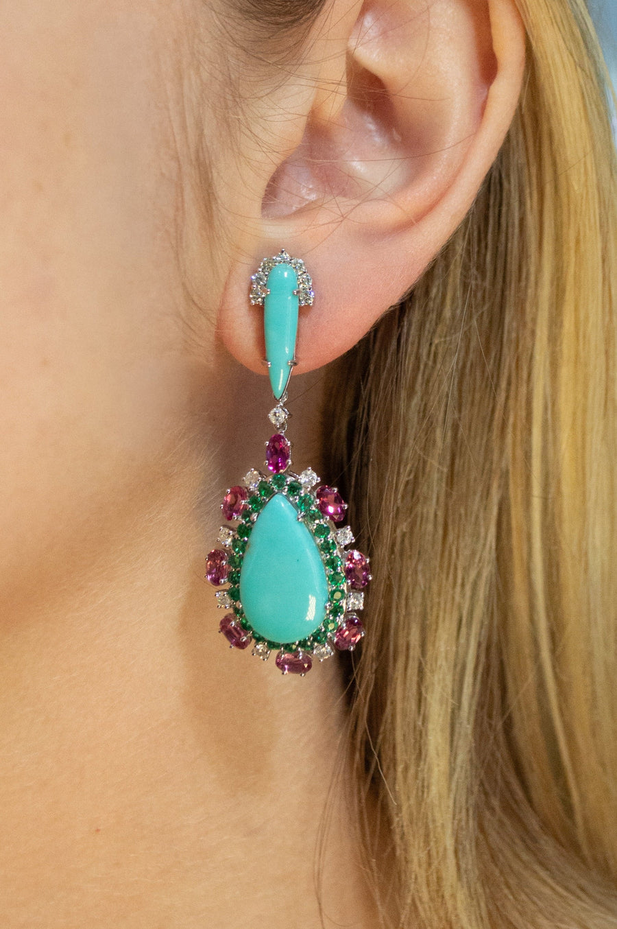 20.43ct Turquoise Diamond 14K Gold Drop Earrings