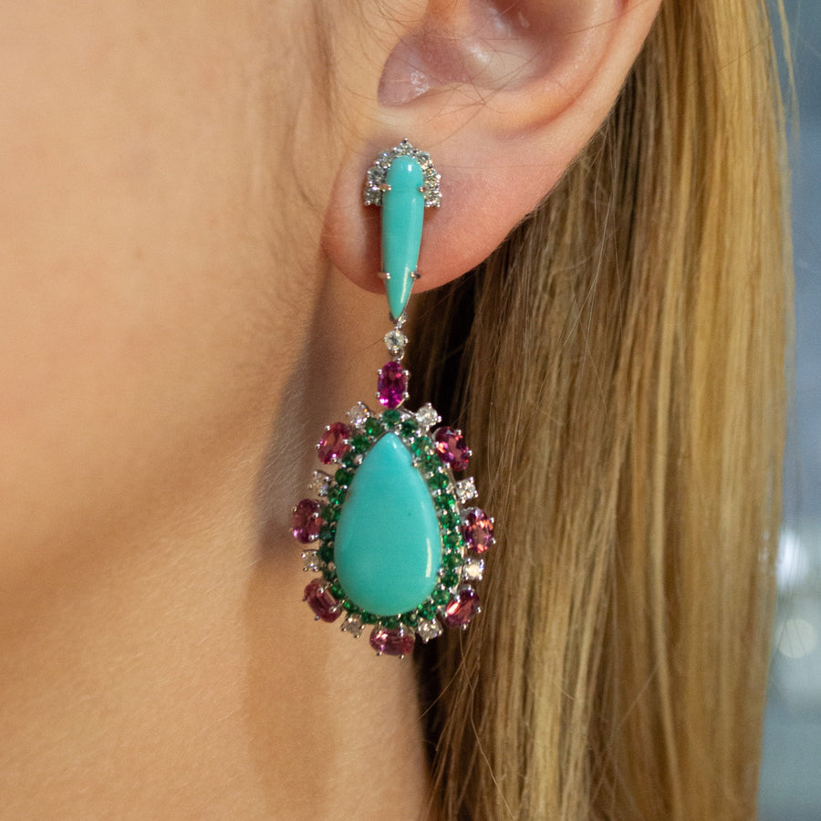 20.43ct Turquoise Diamond 14K Gold Drop Earrings