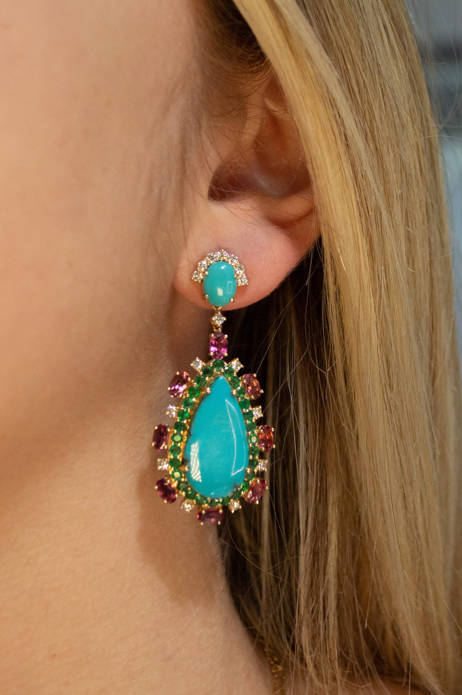 20.74ct Turquoise Diamond 14K Gold Drop Earrings