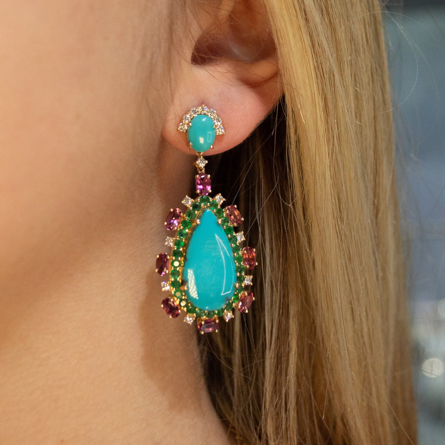 20.74ct Turquoise Diamond 14K Gold Drop Earrings