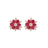 4.14ct Diamond Ruby 18K Gold Flower Stud Earrings