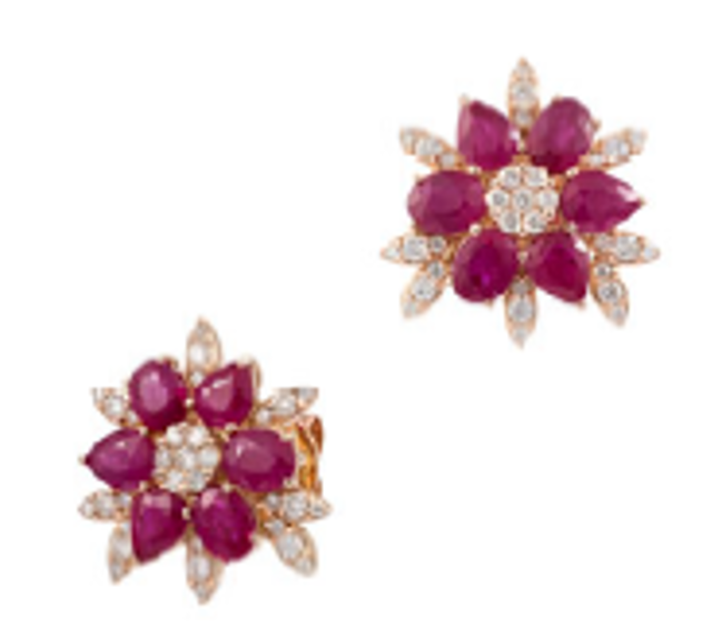 4.14ct Diamond Ruby 18K Gold Flower Stud Earrings