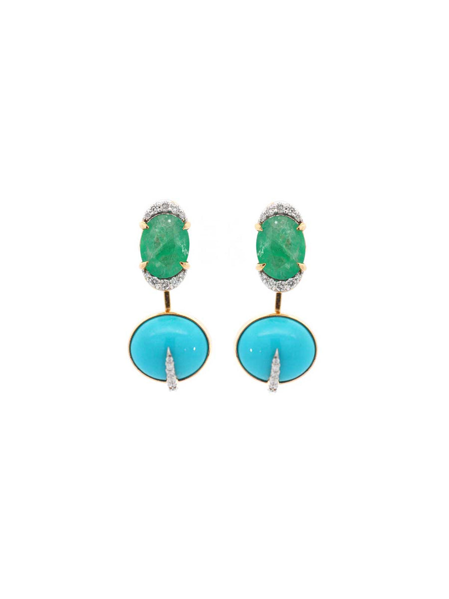 11.98ct Diamond Emerald Turquoise 18K Gold Day & Night Earrings