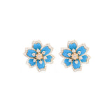 14K Gold Blue Flower Stud Earrings