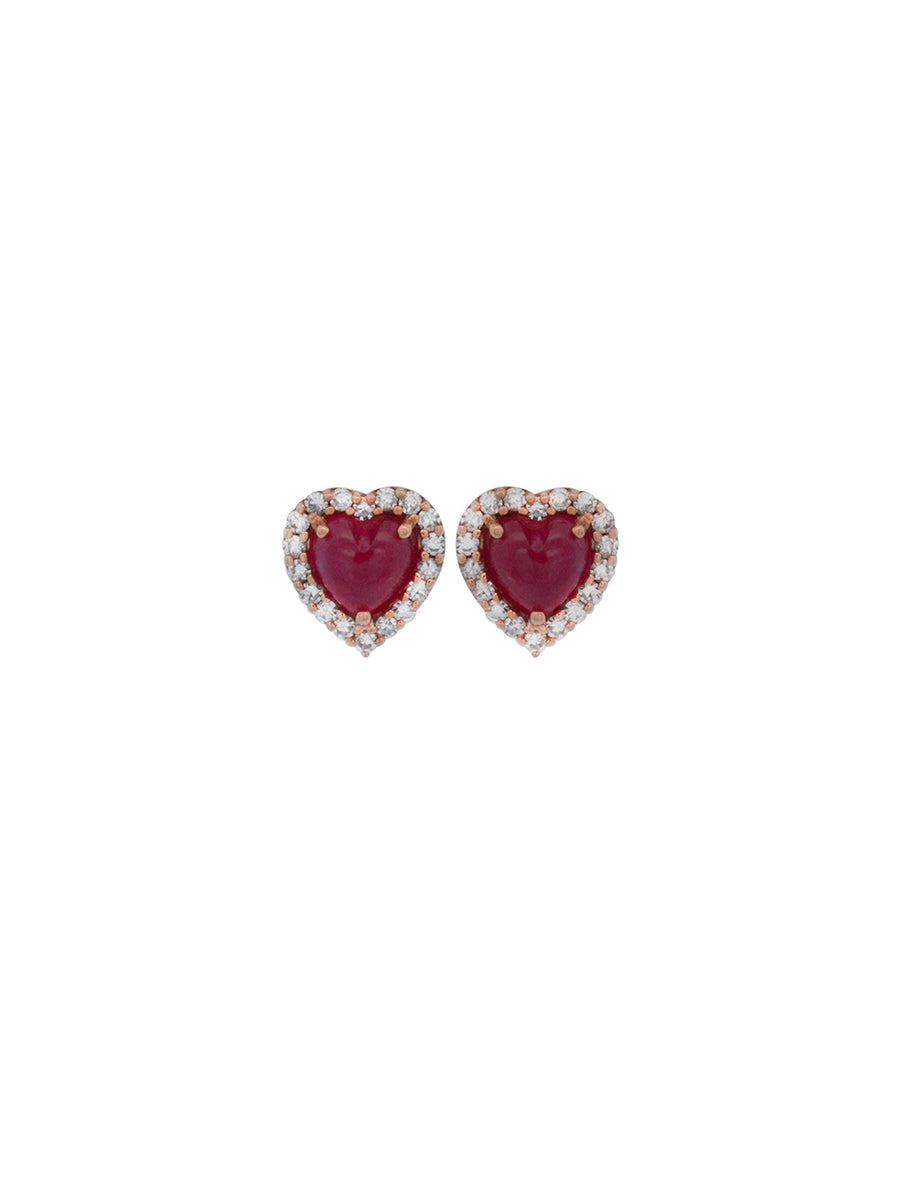 0.93ct Diamond Ruby 14K Gold Halo Heart Dainty Stud Earrings