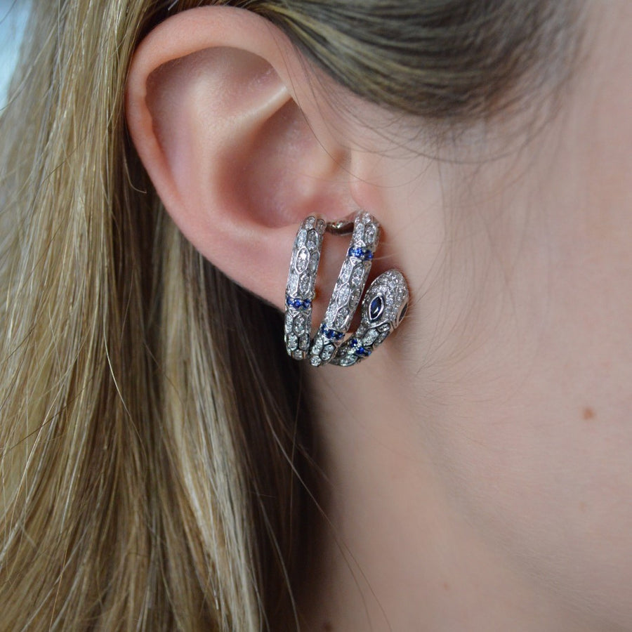 2.6ct Diamond Sapphire 18K Gold Spiral Snake Earrings