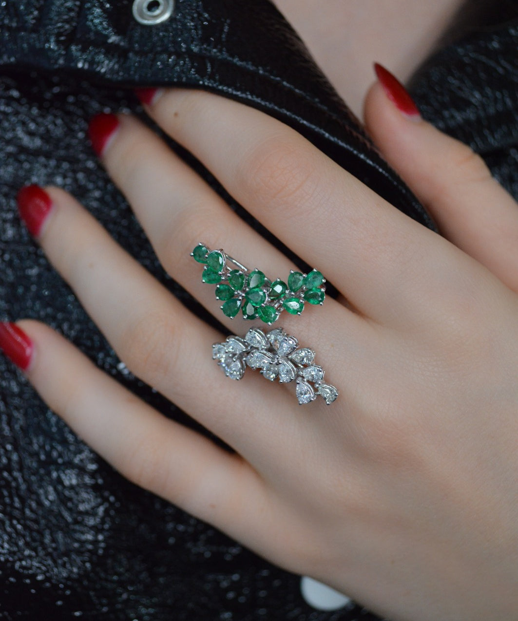3.42ct Diamond Emerald 18K Gold Bypass Ring
