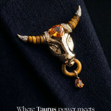 Taurus 11.99ct Tigers Eye Citrine Diamond 18K Gold Brooch