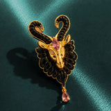 Capricorn 10.15ct Black Onyx Tourmaline Diamonds 18K Gold Brooch