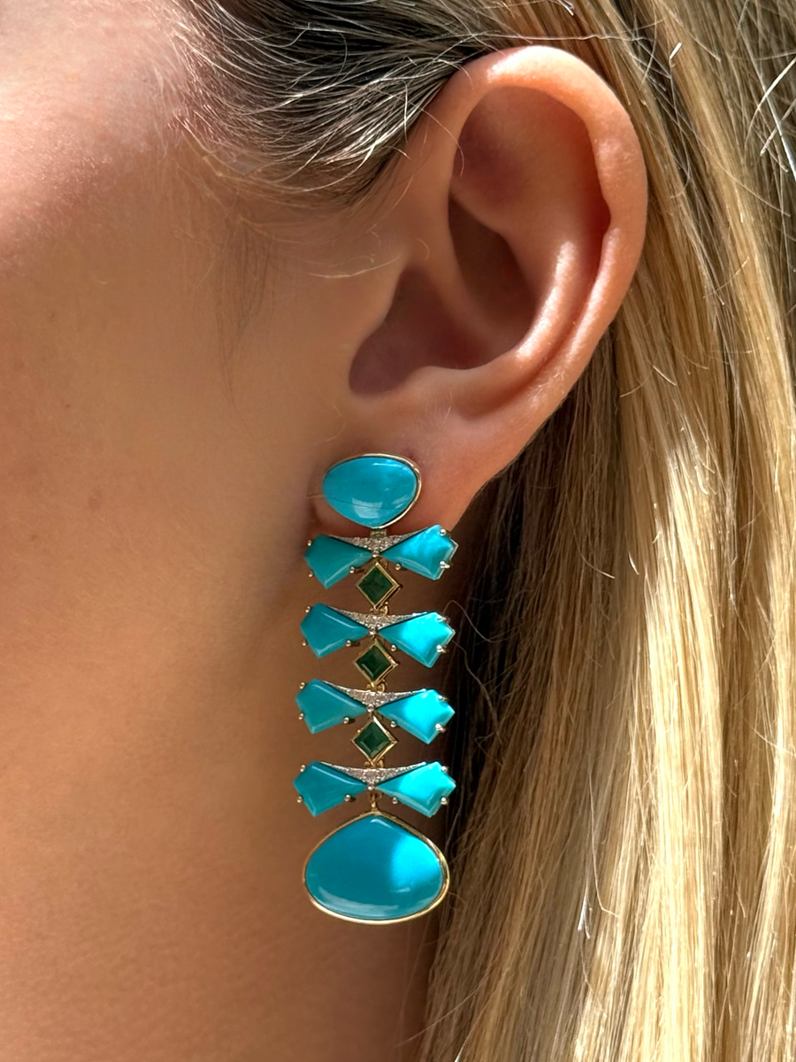 41.73ct Turquoise Diamond 18K Gold Statement Earrings