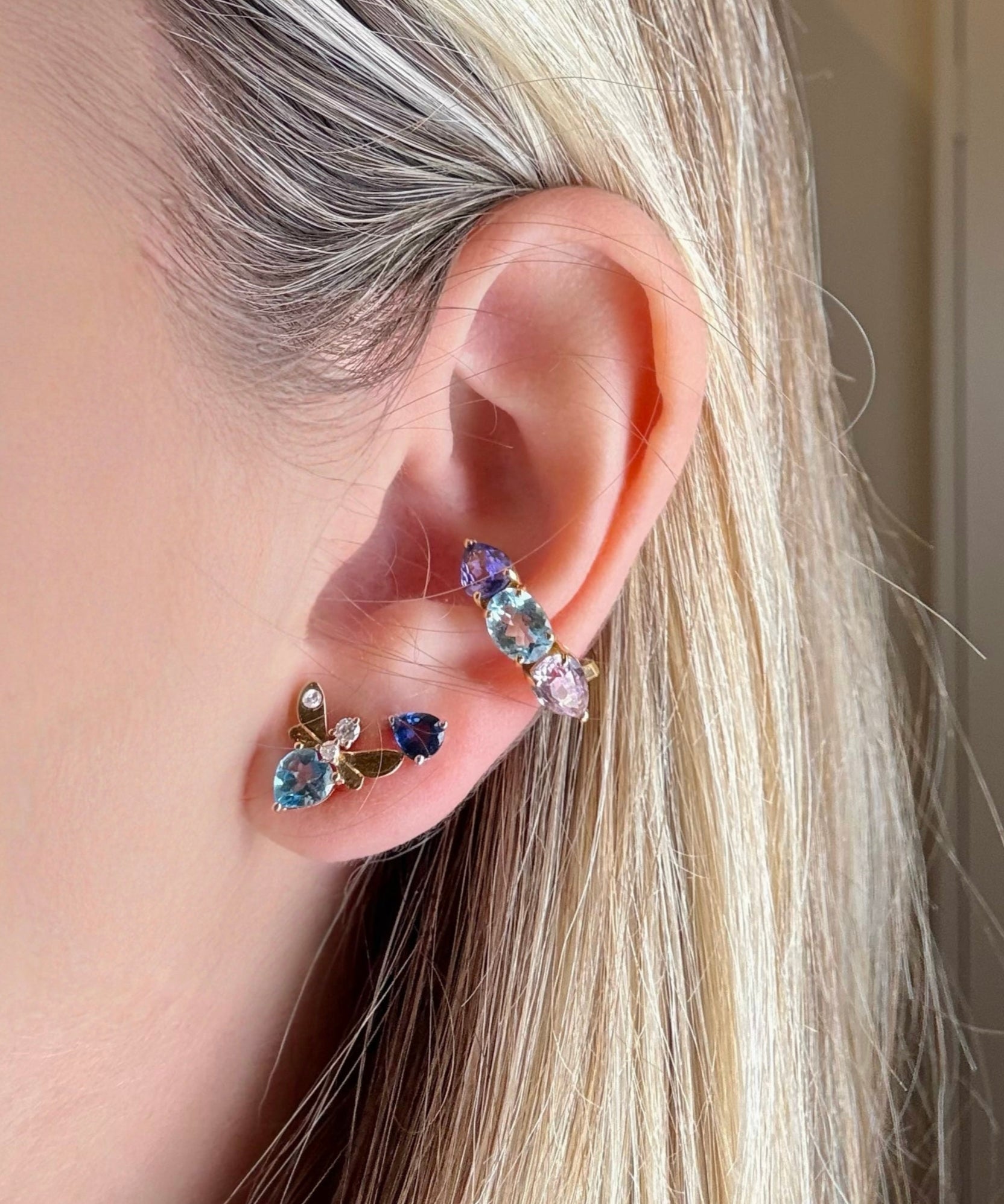 1.25ct Diamond Blue Topaz 14K Gold Fly Stud Earrings
