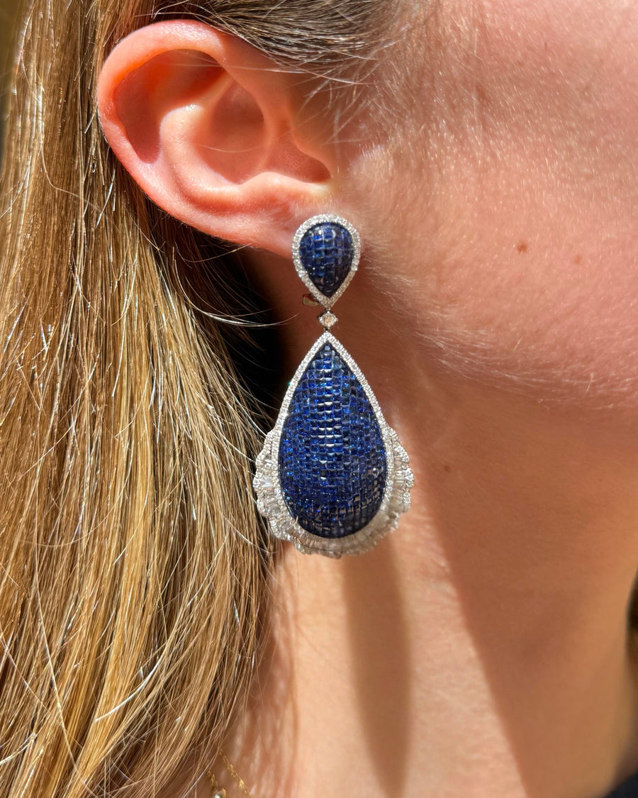 16.46ct Blue Sapphire Diamond 18K Gold Statement Dangle Earrings