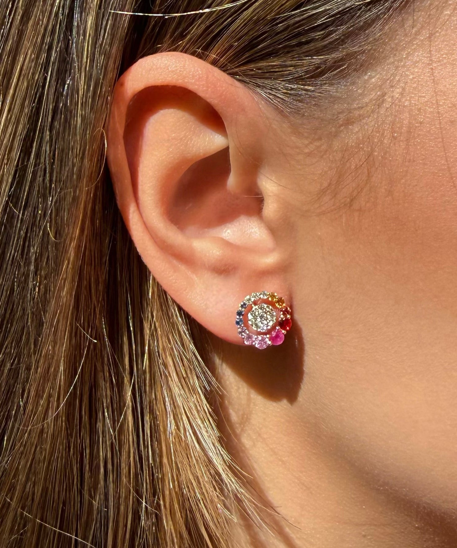 1.88ct Diamond Multi Sapphire 14K Gold Stud Earrings