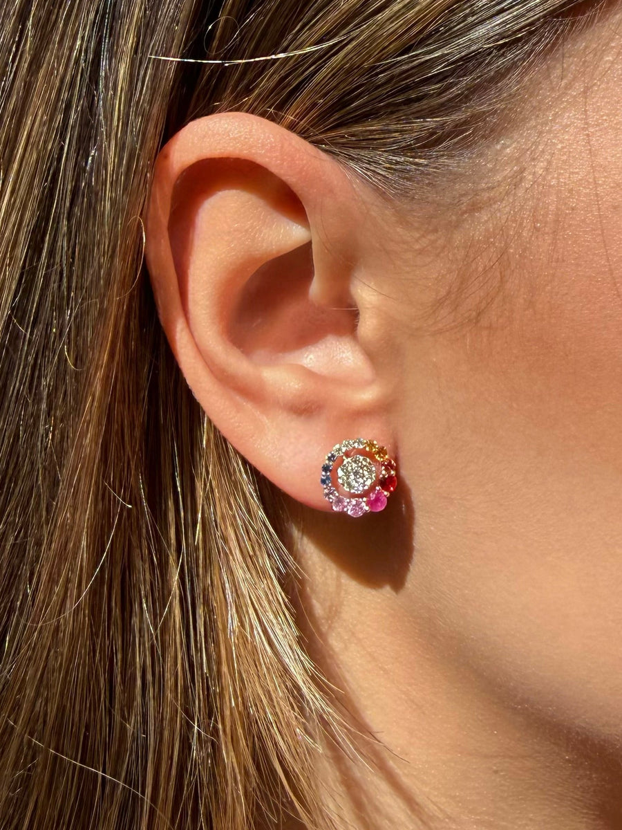 1.88ct Diamond Multi Sapphire 14K Gold Stud Earrings