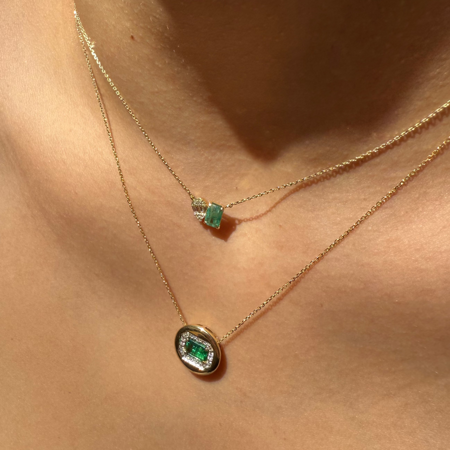 1.06ct Diamond Emerald 14K Gold Button Pendant Chain Necklace