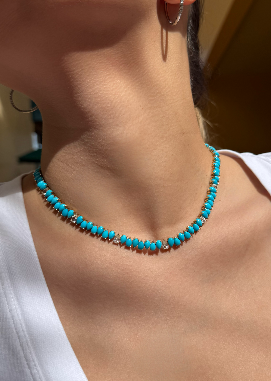 45.95ct Sapphire Turquoise 18K Gold Pear Cut Tennis Necklace