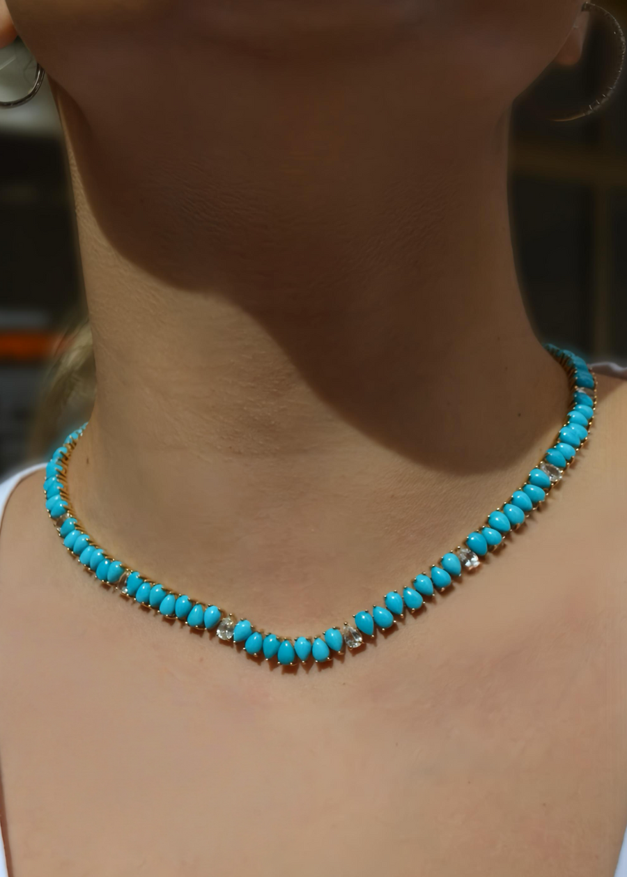 45.95ct Sapphire Turquoise 18K Gold Pear Cut Tennis Necklace