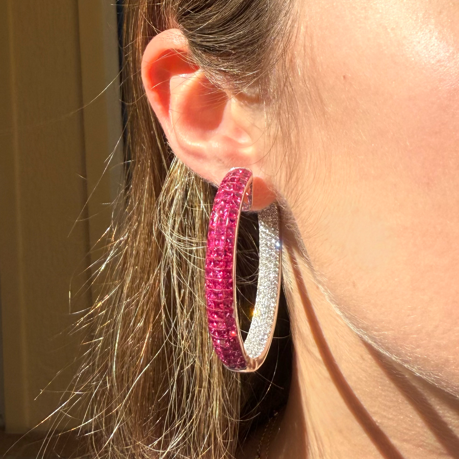16.2ct Diamond Ruby 18K Gold Invisible Set Hoop Earrings