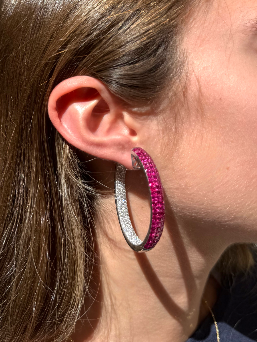 16.2ct Diamond Ruby 18K Gold Invisible Set Hoop Earrings