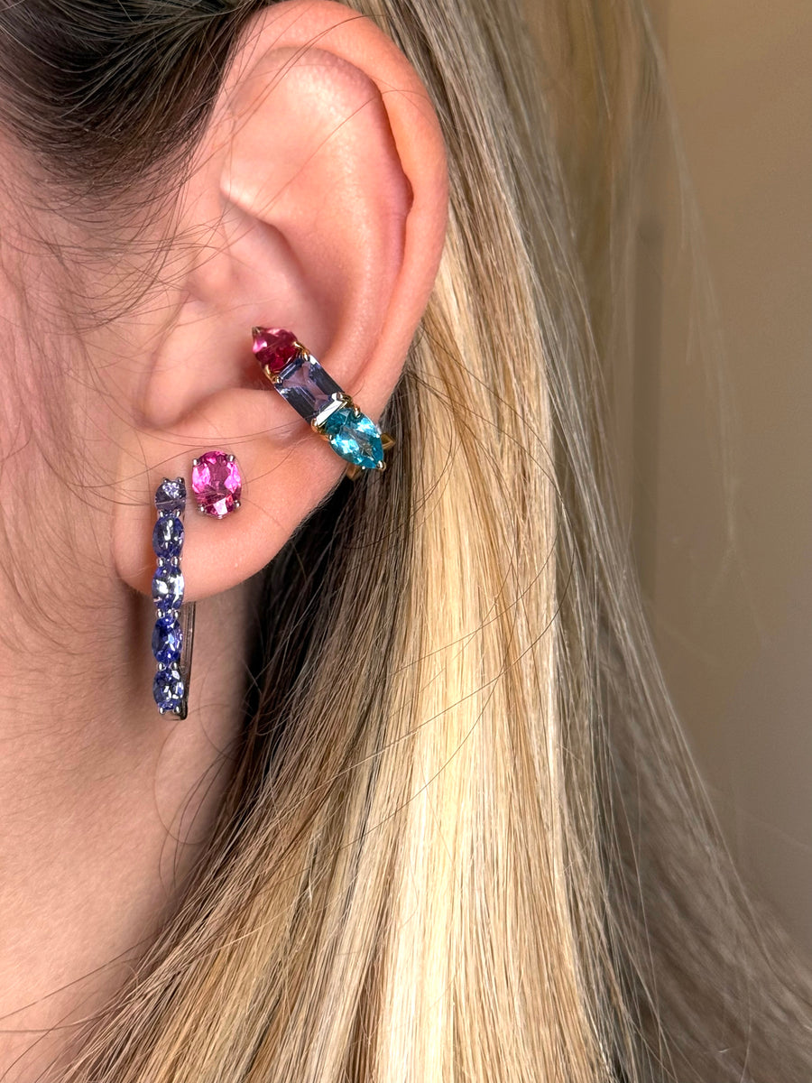 Apatite Tanzanite Rubellite 18K Gold Three Stones Earcuff