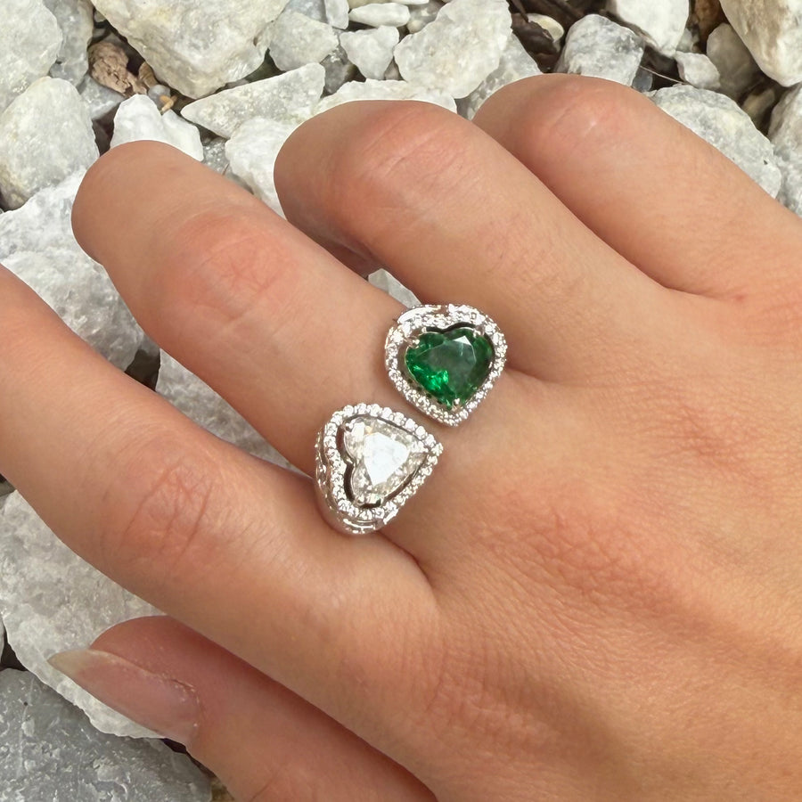 3.10ct Diamond Emerald 18K Gold Heart Ring