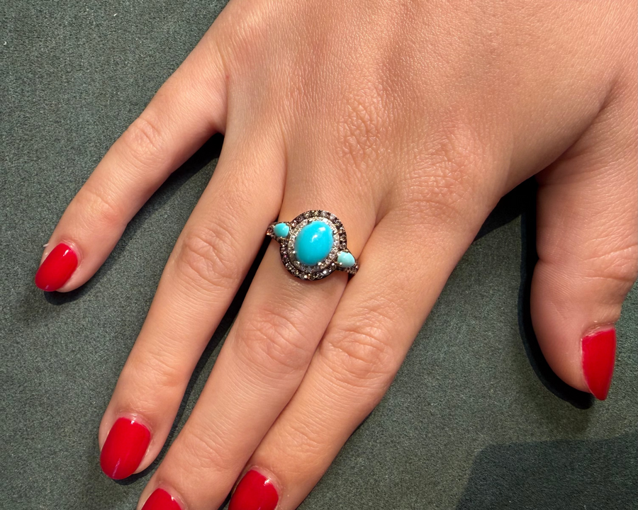 3.78ct Diamond Turquoise 14K Gold Halo Ring