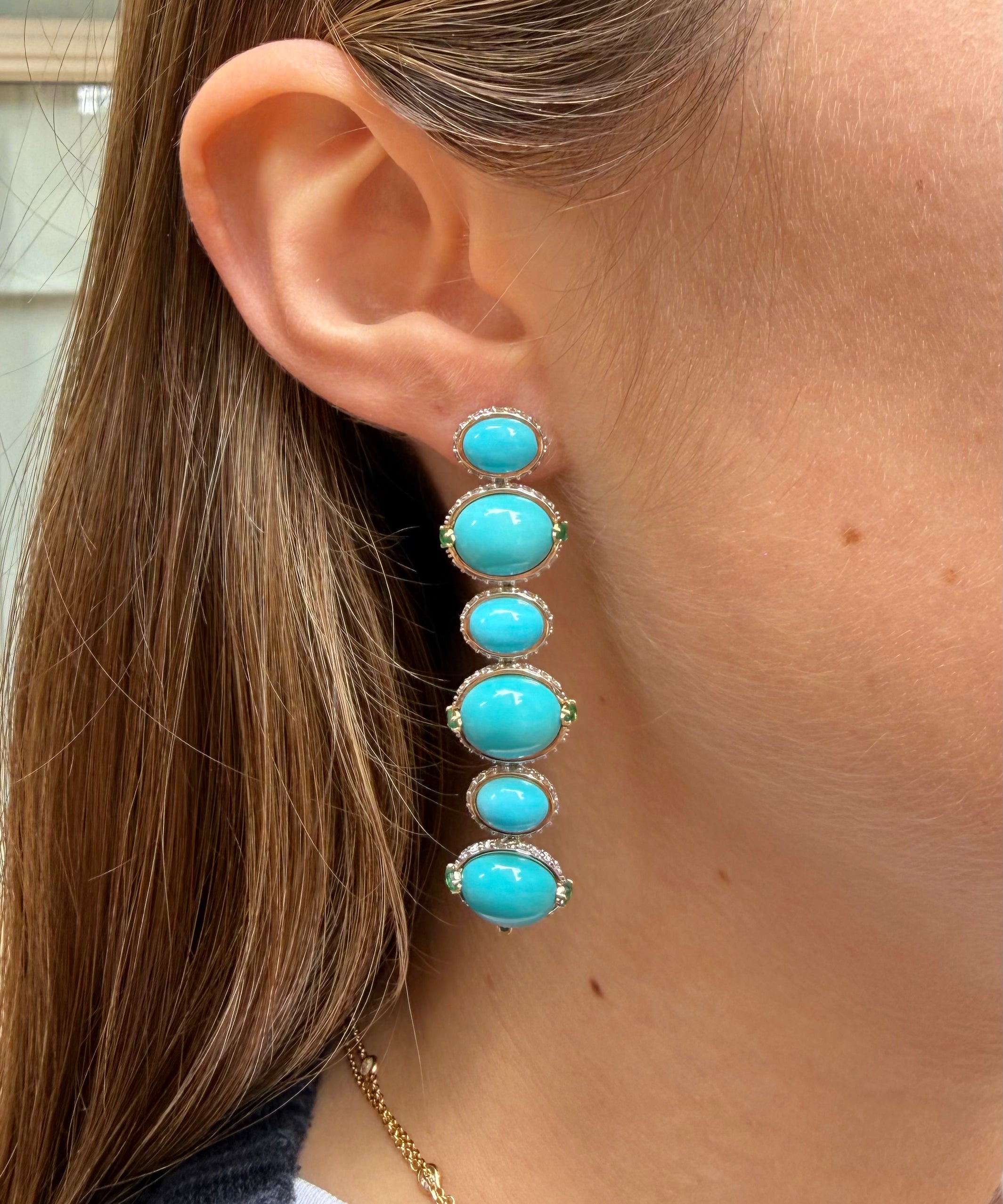 30.09ct Diamond Emerald Turquoise 18K Gold Statement Drop Earrings