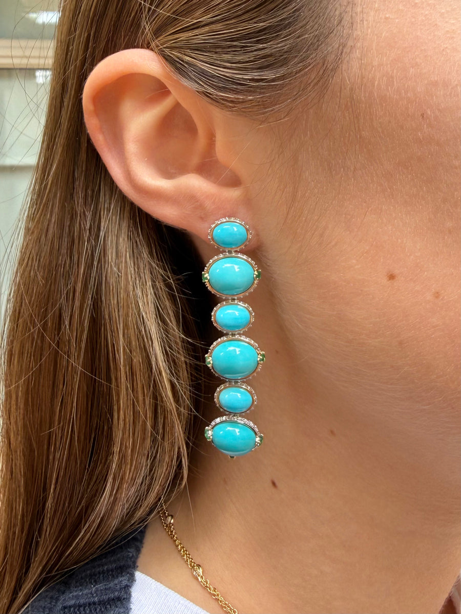 30.09ct Diamond Emerald Turquoise 18K Gold Statement Drop Earrings