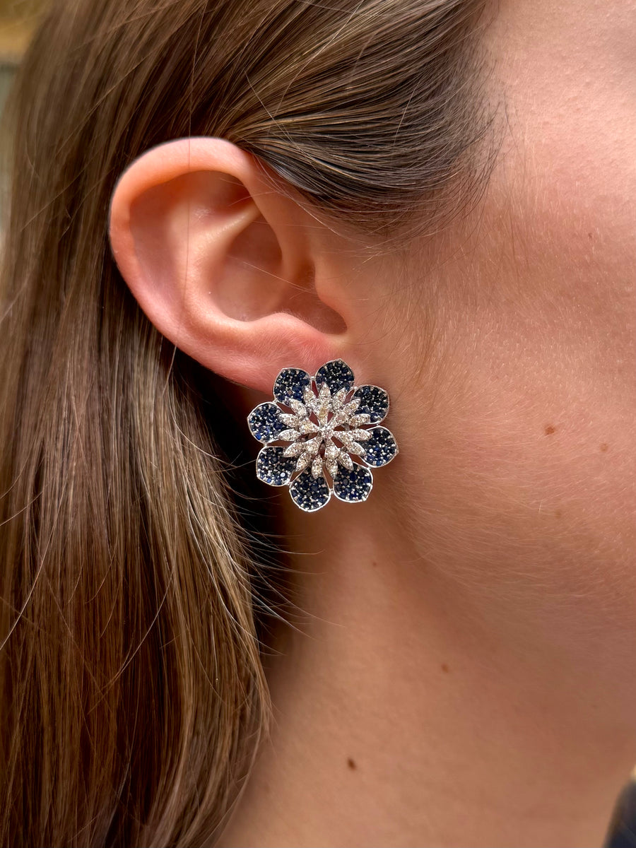 6.29ct Sapphire Diamond 14K Gold Flower Earrings