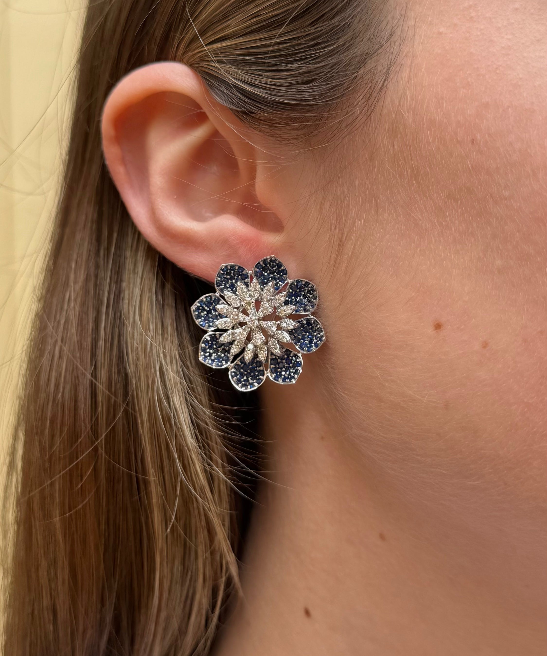 6.29ct Sapphire Diamond 14K Gold Flower Earrings
