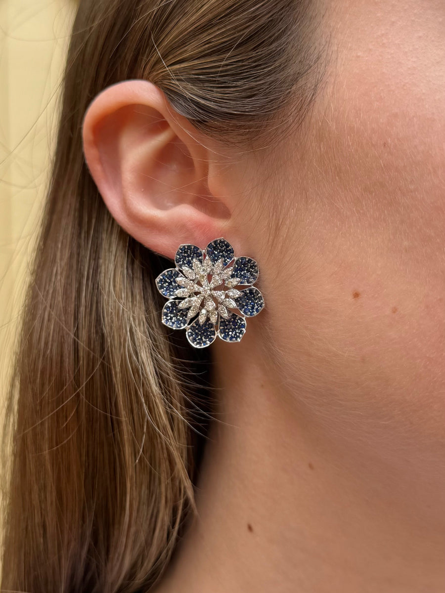 6.29ct Sapphire Diamond 14K Gold Flower Earrings