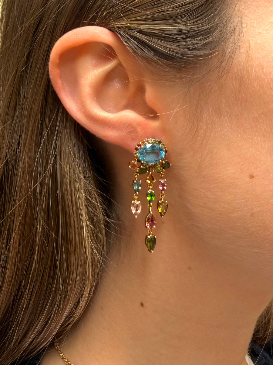 12.25ct Topaz Tourmaline 18K Gold Statement Cascade Earrings