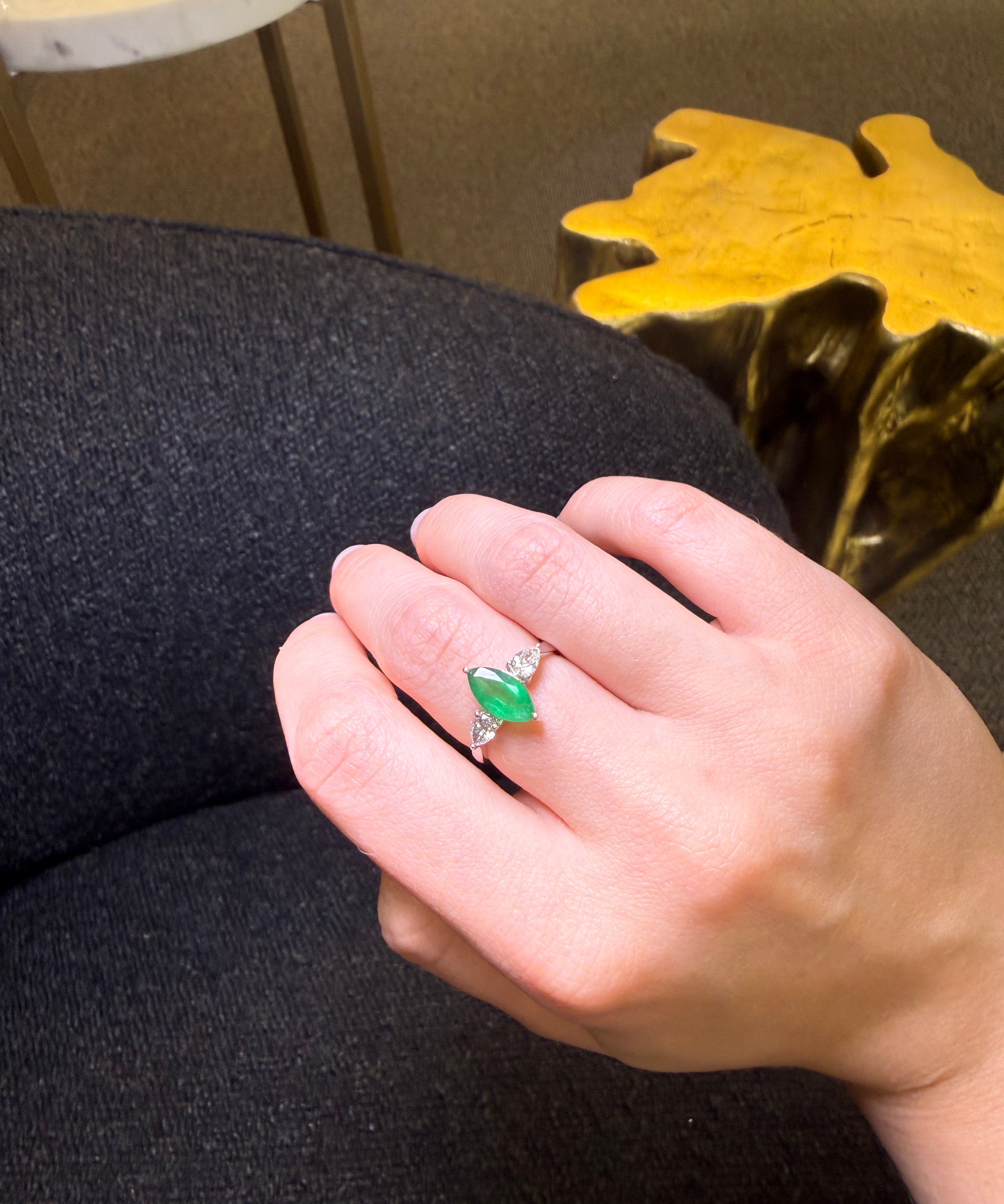 1.79ct Diamond Emerald 18K Gold Marquis Ring