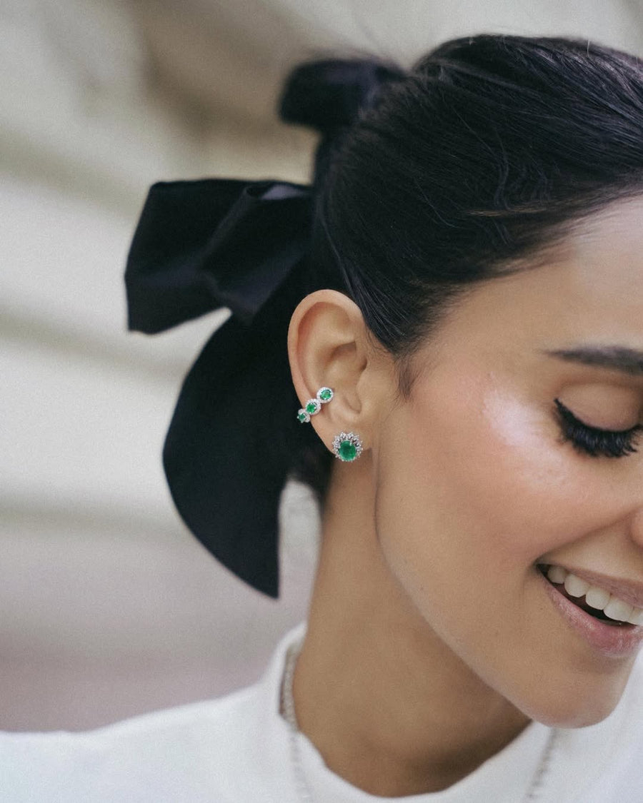 2.30ct Diamond Emerald 18K Gold Sunburst Halo Stud Earrings