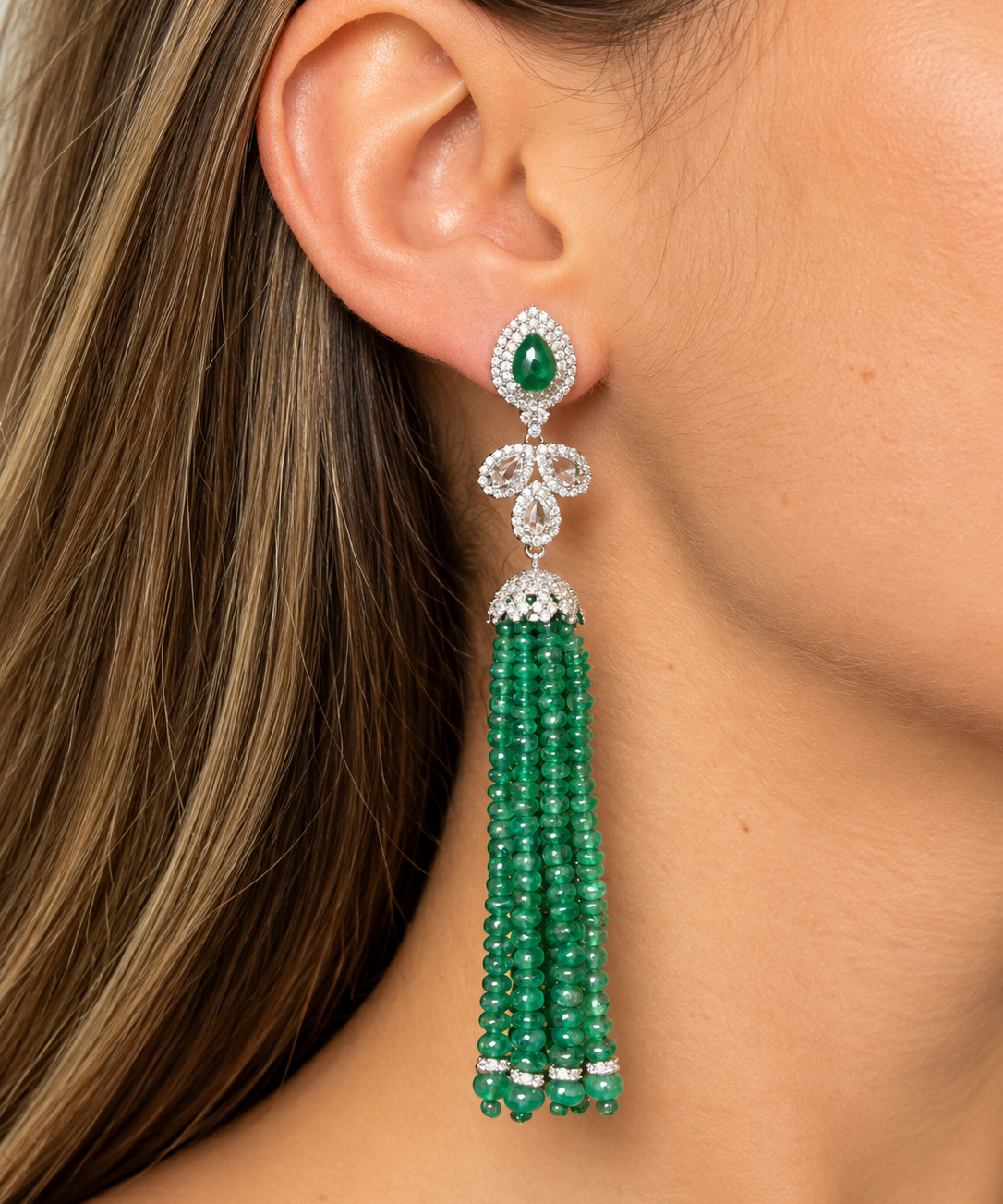 91.62ct Diamond Emerald 18K Gold Statement Fringe Earrings