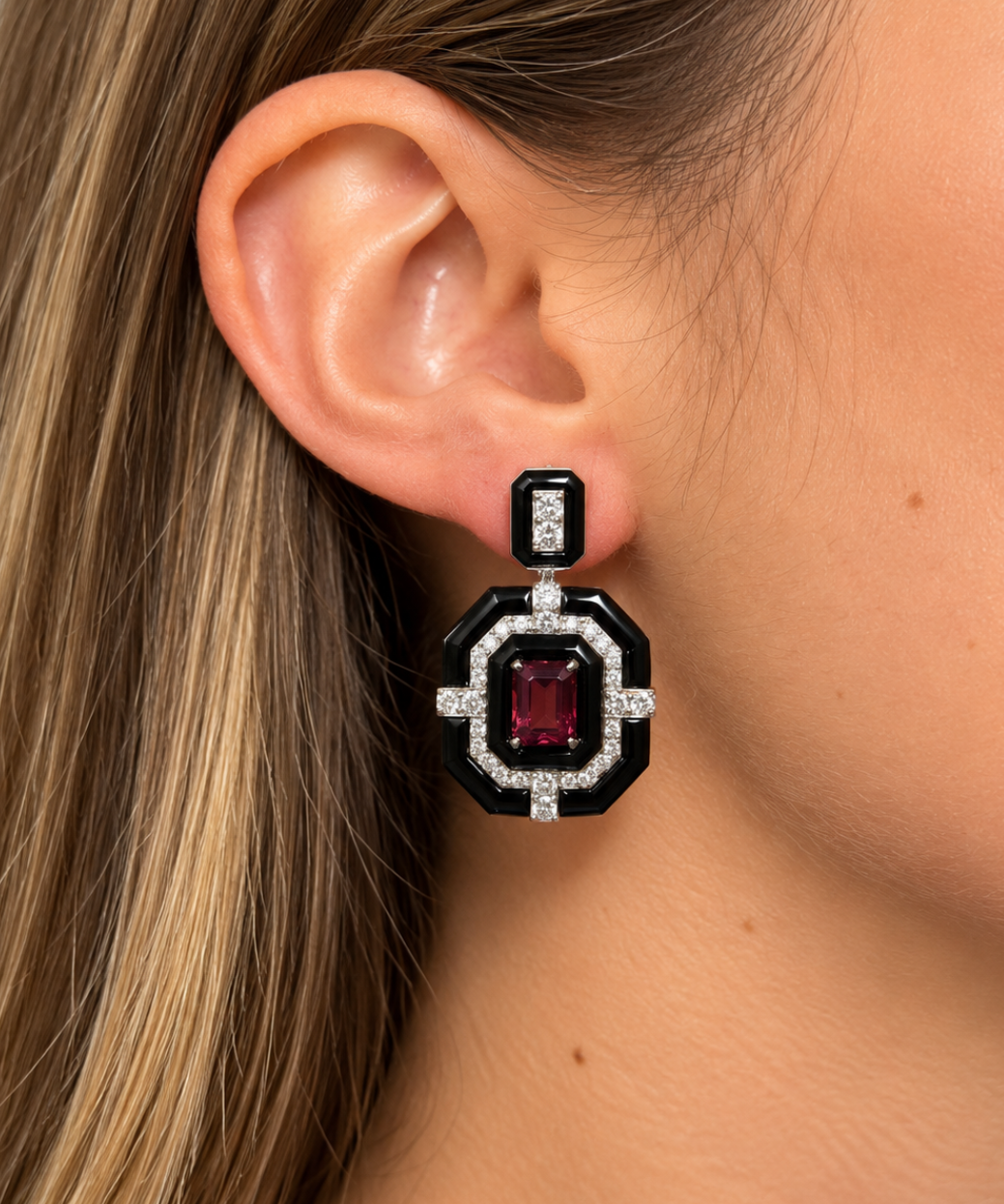 27.47ct Diamond Tourmaline Onyx 18K Gold Statement Drop Earrings