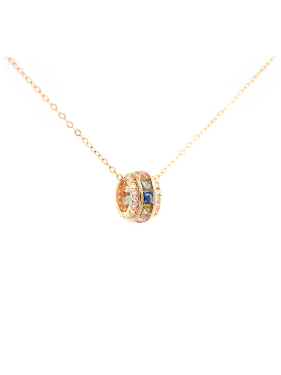 1.40ct Diamond Multi Color Sapphire 18K Gold Bead Pendant Necklace