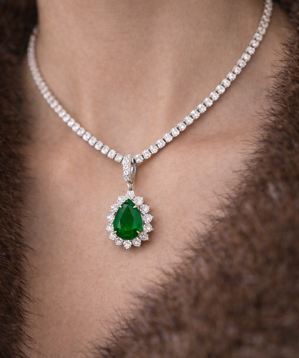 11.14ct Emerald Diamond 18K Gold Pear Halo Pendant