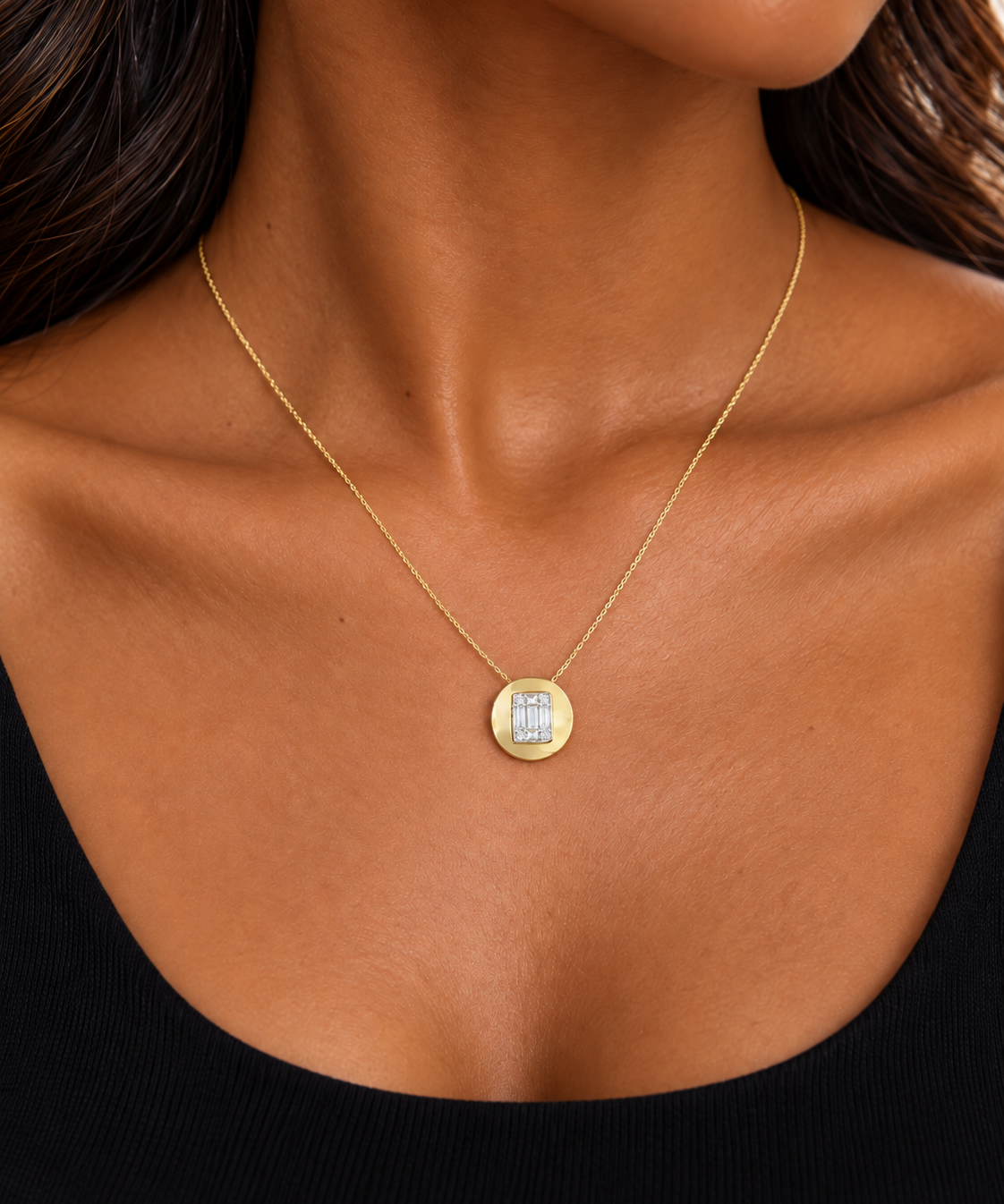0.45ct Diamond 14K Gold Button Pendant Chain Necklace