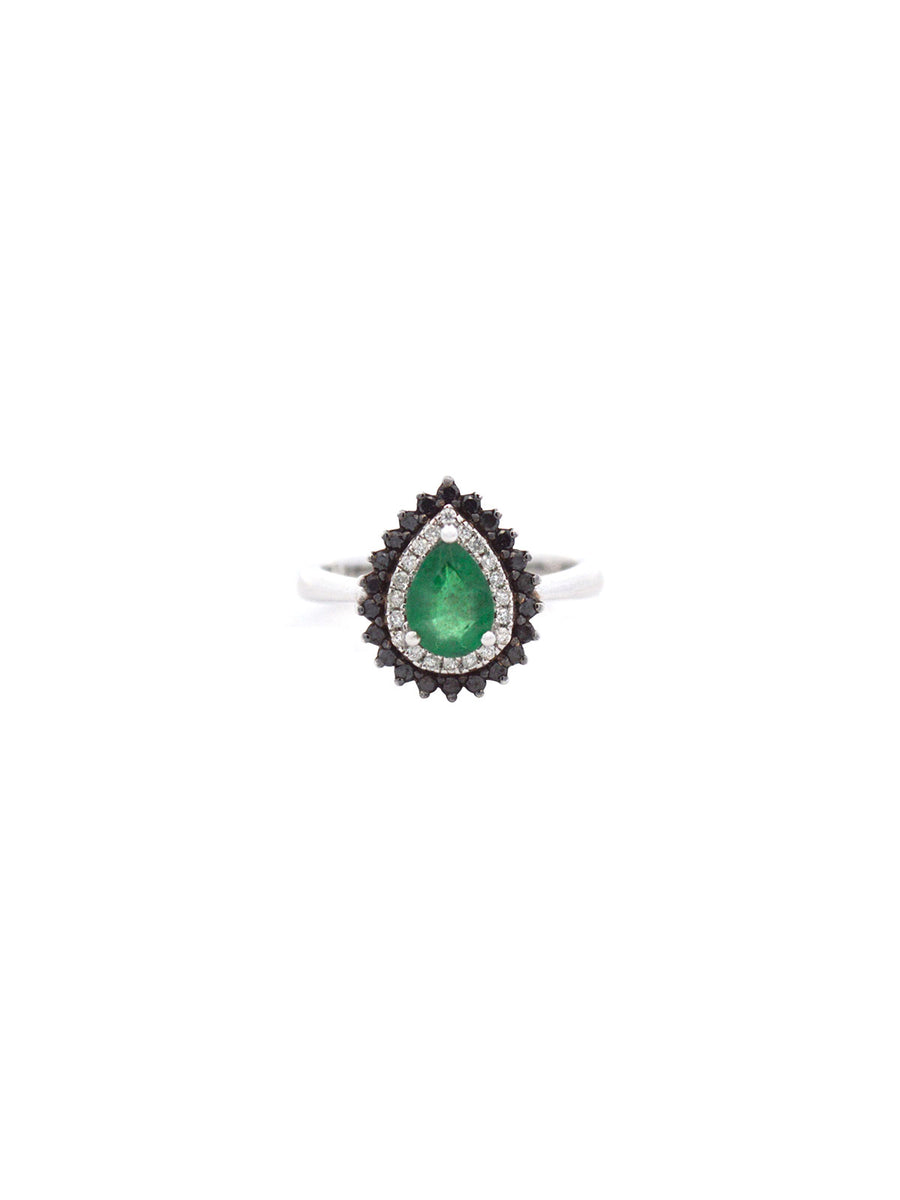 0.90ct Diamond Emerald 18K Gold Pear Halo Ring