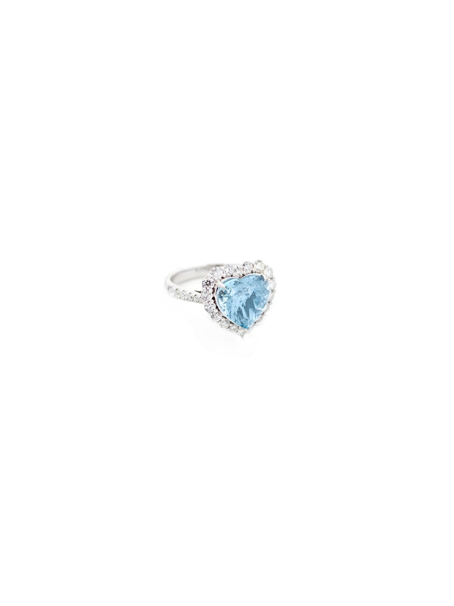 4.29ct Diamond Aquamarine 18K Gold Heart Halo Ring
