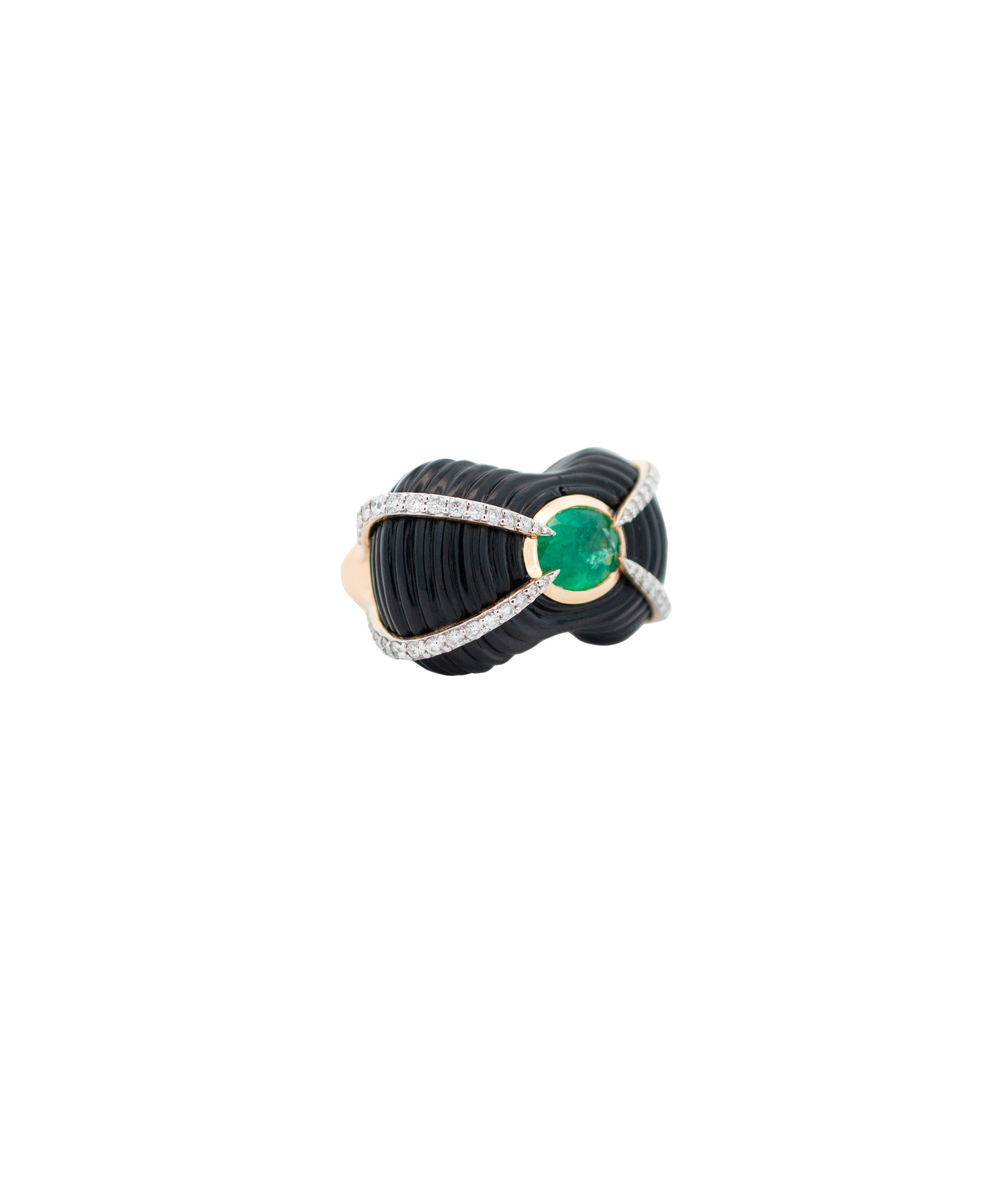 37.8ct Diamond Emerald Black Onyx 18K Gold Sculptural Ring